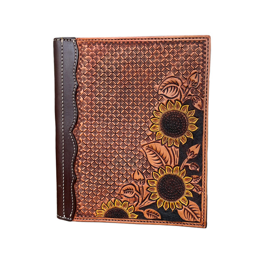 Large portfolio golden and chocolate leather waffle and sunflower tooling