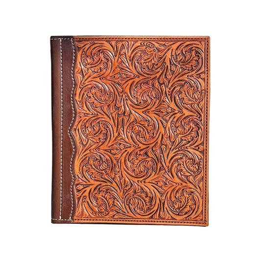 Large portfolio golden and chocolate leather mini oak leaf tooling with an antique finish