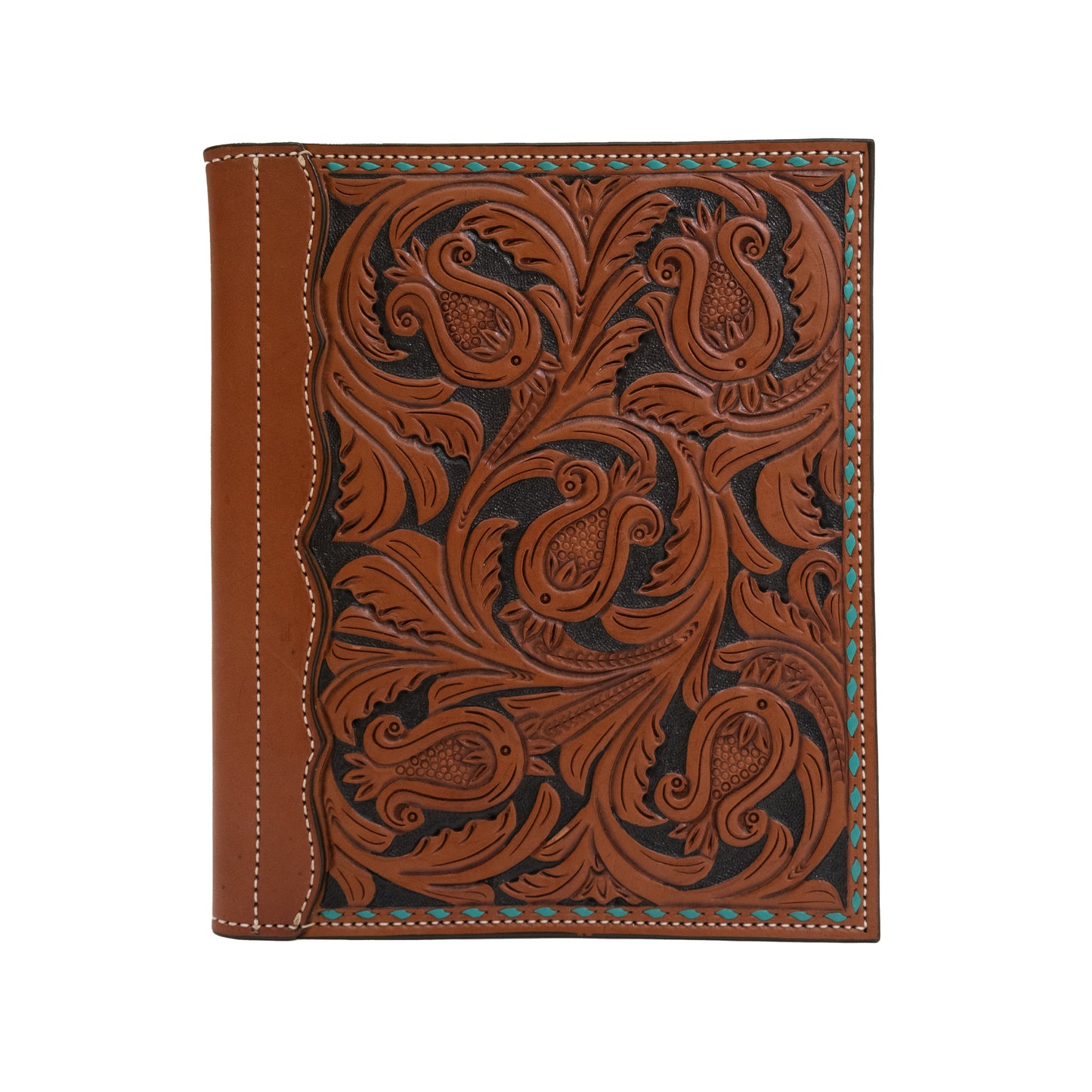 Large portfolio toast leather AA tooling with black background paint, teal buckstitch, and an antique finish. Perfect for any cowboy's or cowgirl's business meeting.