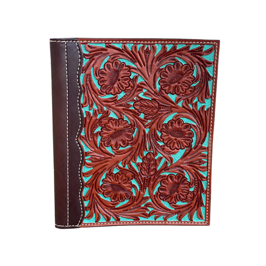 Large portfolio toast and chocolate leather two column floral tooling