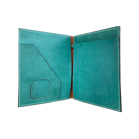 Large portfolio turquoise and golden leather waffle and bell flower tooling