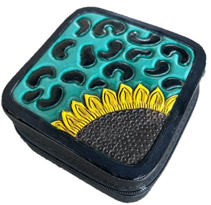 Mini black jewelry box with cheetah and sunflower with turquoise leather