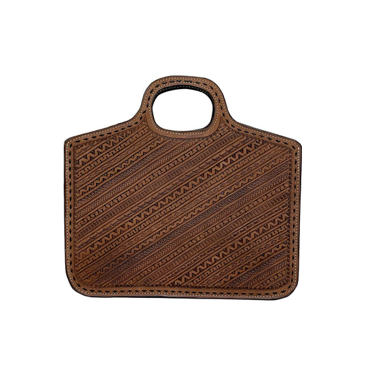Traveling Cowboy rough out chocolate leather geo-aztec tooling with chocolate buckstitch.