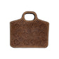 Traveling Cowboy rough out chocolate leather wild rose tooling with cream buckstitch.